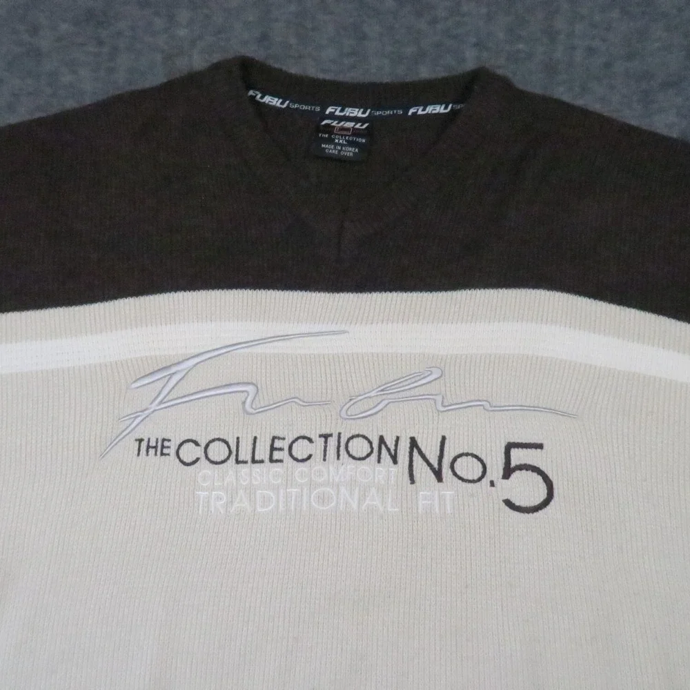 Fubu Sweater Mens 2XL Beige Brown Colorblock Wool Blend V-neck Hip Hop Vtg Y2k